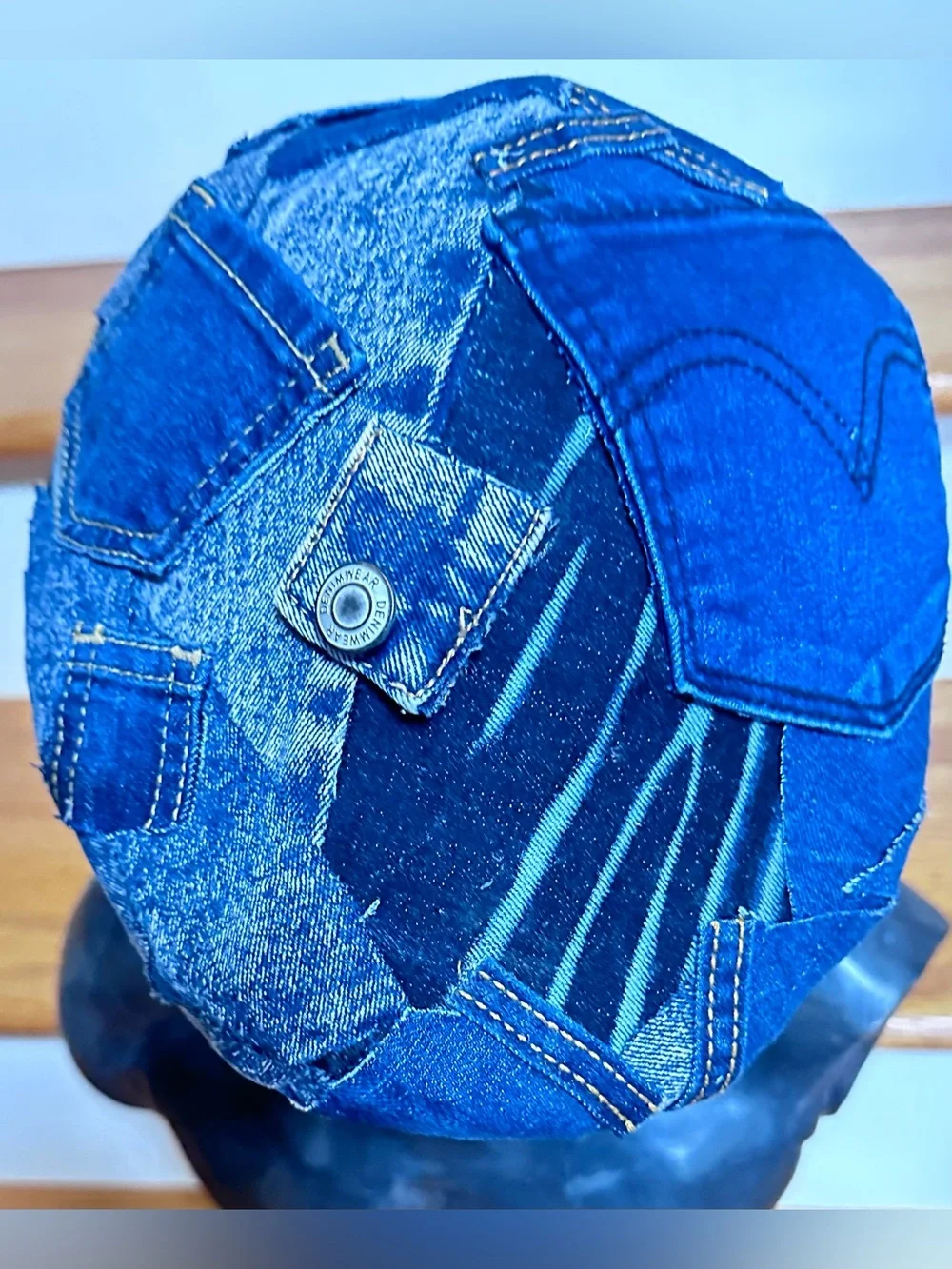 Upcycled Denim Patchwork Newsboy Cap - Blue size L/XL